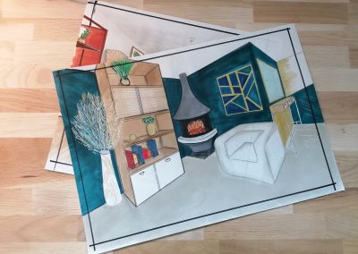 Dessin à la main Terre d'habitats d'un salon moderne avec des touches art déco