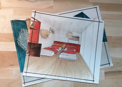 Dessin à la main Terre d'habitats d'une chambre terracotta et touches ethniques