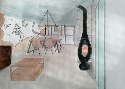 Dessin à la main salon transformé avec ouverture verrière sur la cuisine