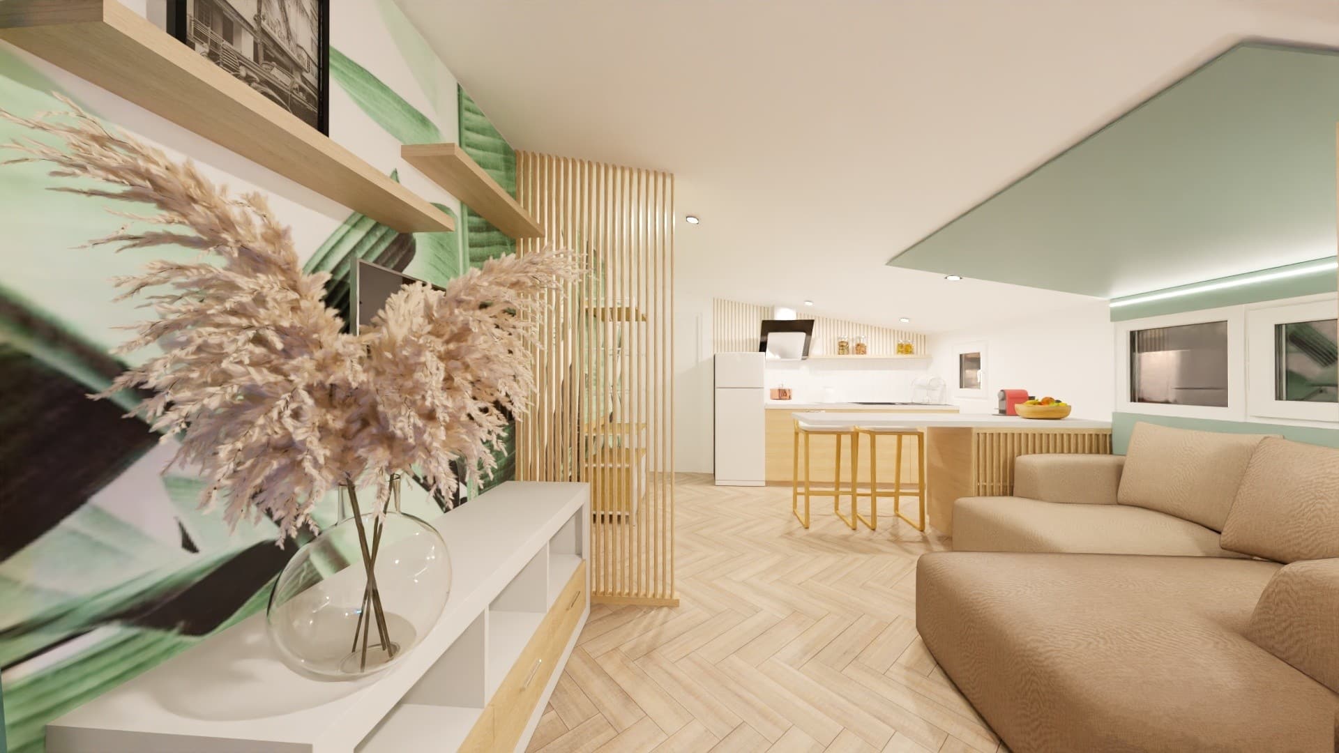 Agencement et décoration studio locatif chaleureux et naturel avec touche couleur