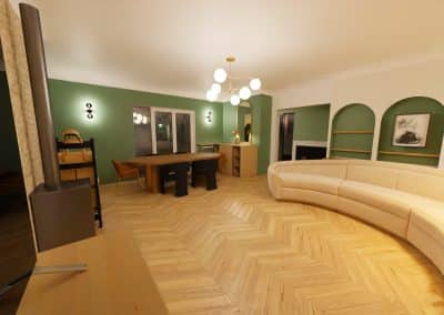 rénovation salon avec parquet, arches maçonnées et touche de vert sur les murs